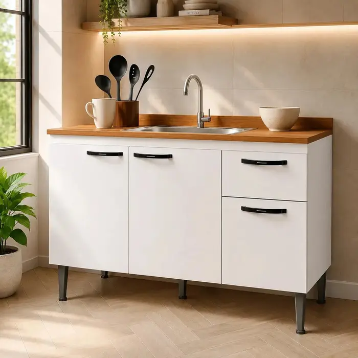 Gabinete de Pia 1,20 Balcão de Cozinha Multiuso 3 Portas Armário de Pia Armário de Cozinha 120x80x52cm Organizador para Pia Cor Branco Ideal para cozi